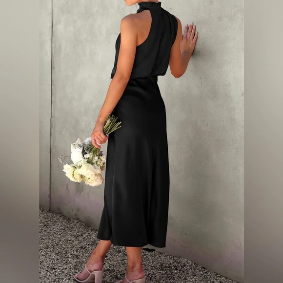 NWT PRETTYGARDEN Satin Dress Elegant Sleeveless Mock Neck Cocktail black size L - Picture 2 of 11